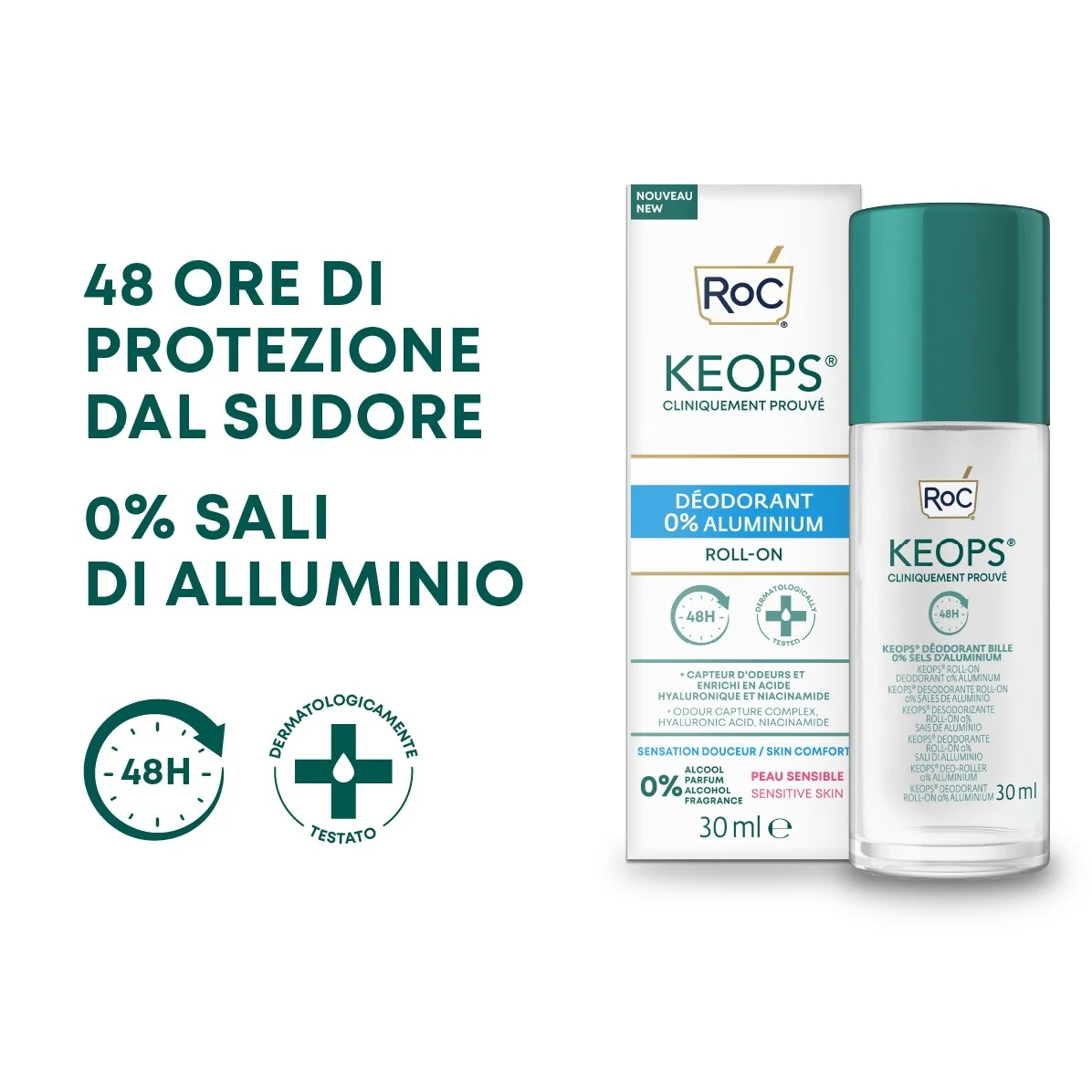 Keops Deo Roll-On 48h 0% Sali di Alluminio - Deodorante Roll-on
