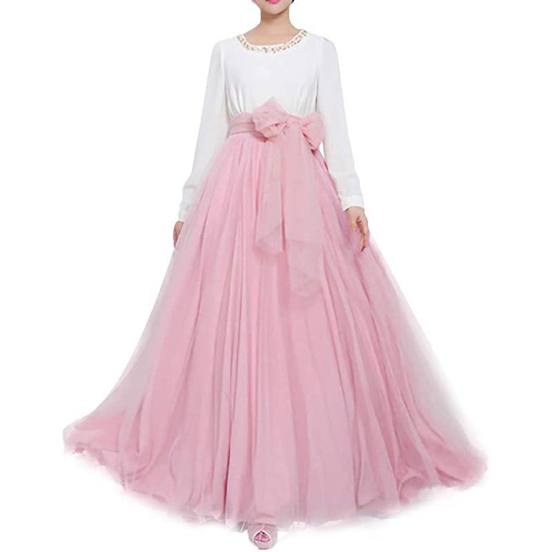 Gonna lunga maxi da sposa da donna in tulle vaporoso, lunghezza fino al pavimento, linea ad A, con cintura a fiocco, vita alta, ideale per matrimoni, feste e serate.