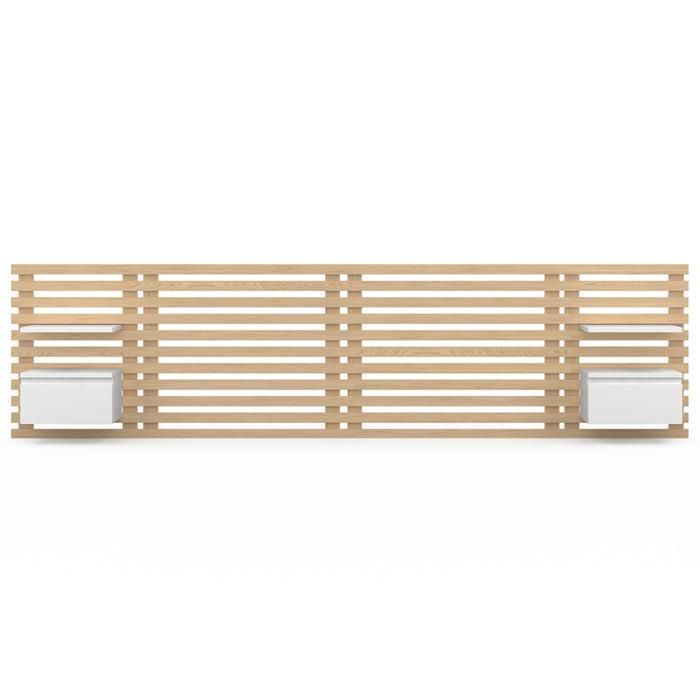 IDMARKET Tête de lit suspendue en lattes AVA 240 cm avec chevets + tiroir façon bois clair et blanc