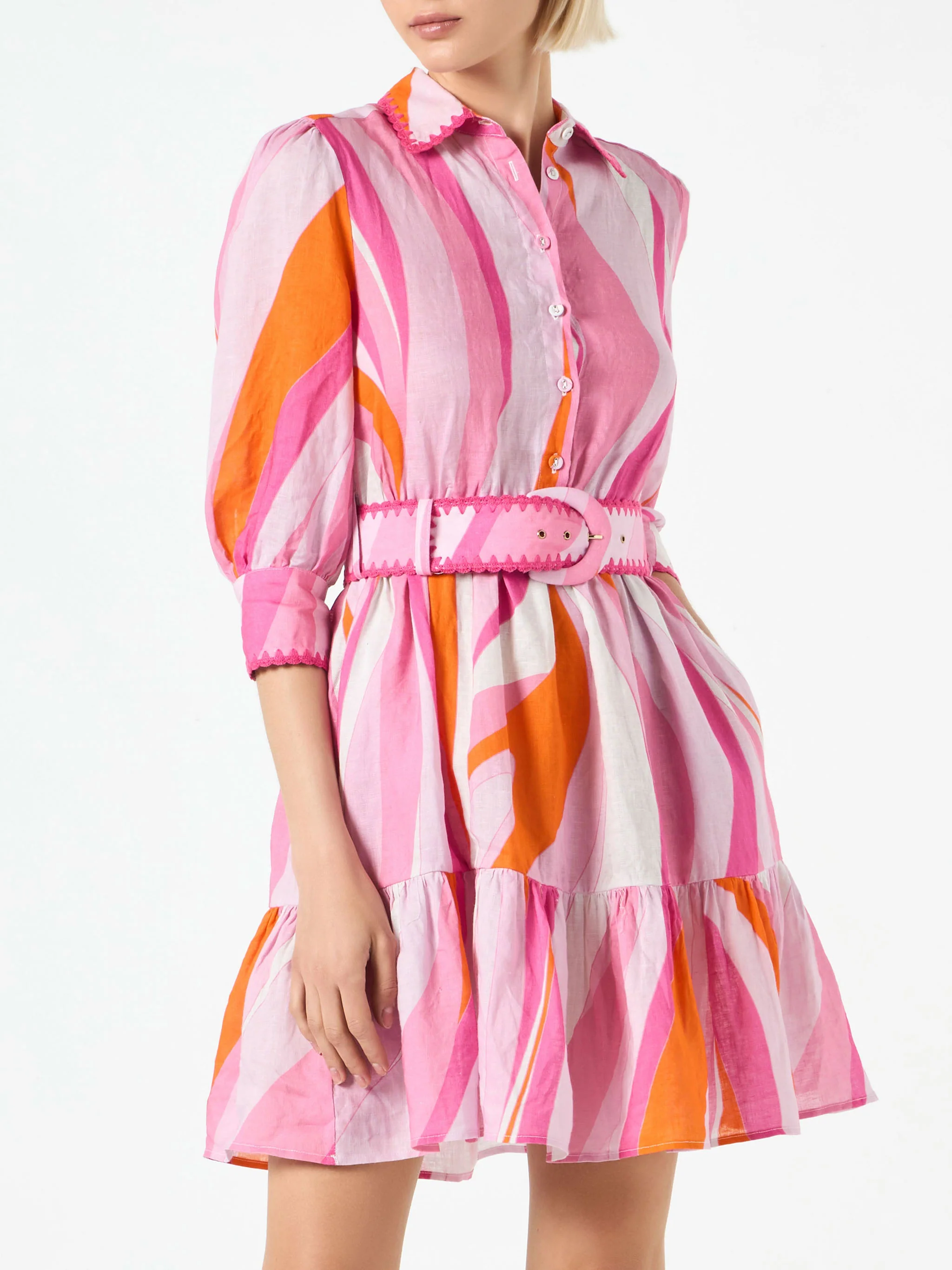 Korte linnen jurk met Shape Wave-print.