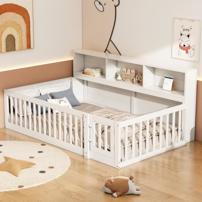 Cama infantil - LEYTN - 90x200cm - Madera de pino y MDF - 4 compartimentos - Barandillas de seguridad