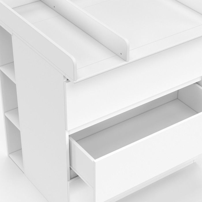 Cambiador convertible IDMARKET color blanco ámbar con 3 cajones, mesa cambiador y 2 estantes extraíbles.