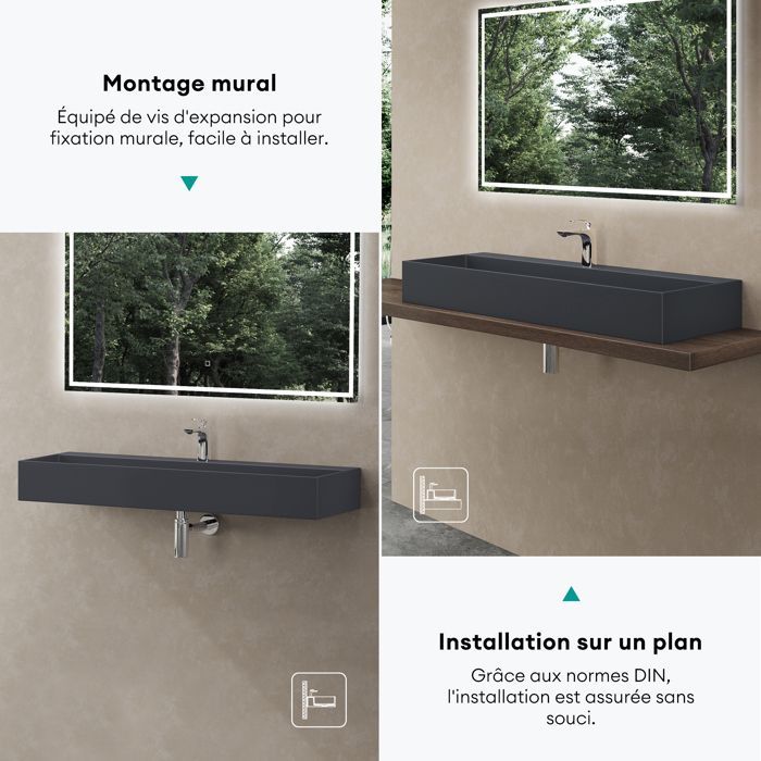 Lavabo de encimera doporro, gris mate/negro, lavabo de baño mural de 80 cm, lavabo rectangular con tapa de desagüe, Colossum6028