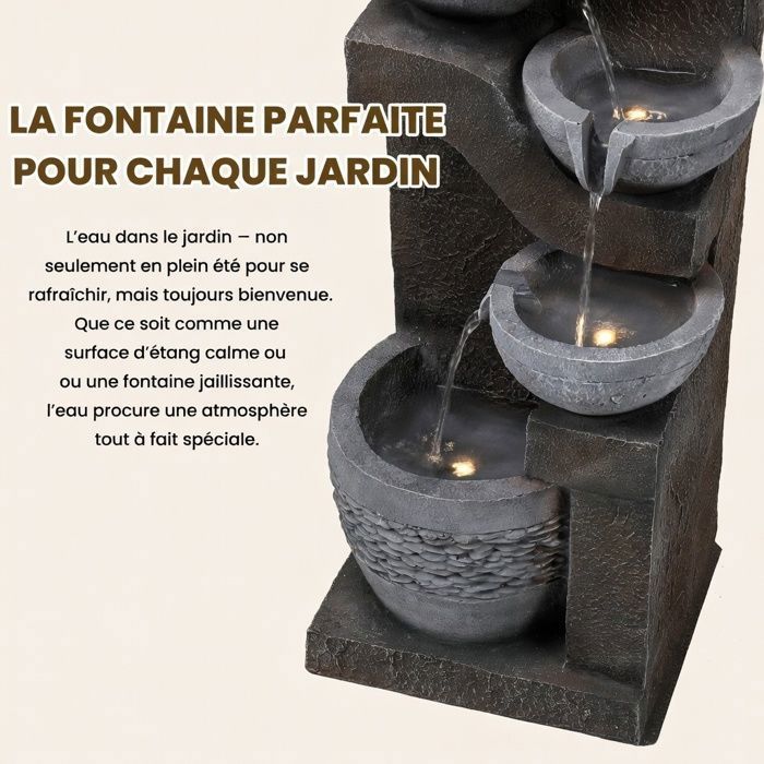 Fontaine de Jardin LED Gris – Fontaine Extérieure Kunststein + Pompe + Lumière LED, Bassin Décoratif, Terrasse/Balcon