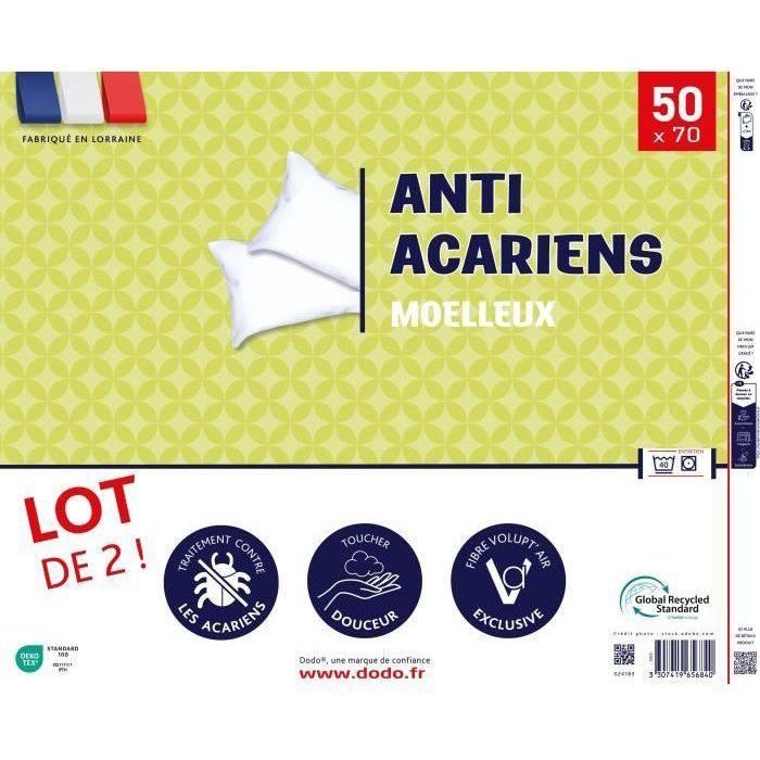 Juego de 2 almohadas antiácaros de 50x70 cm - 100% poliéster - DODO