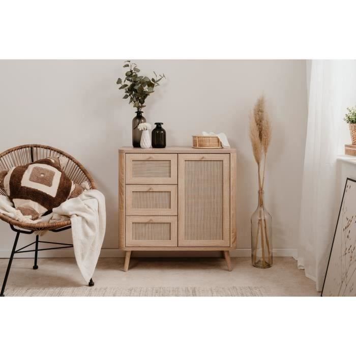 Small storage unit - 3 drawers - 1 door - Cane finish - W80.9 x H84 x D40 cm