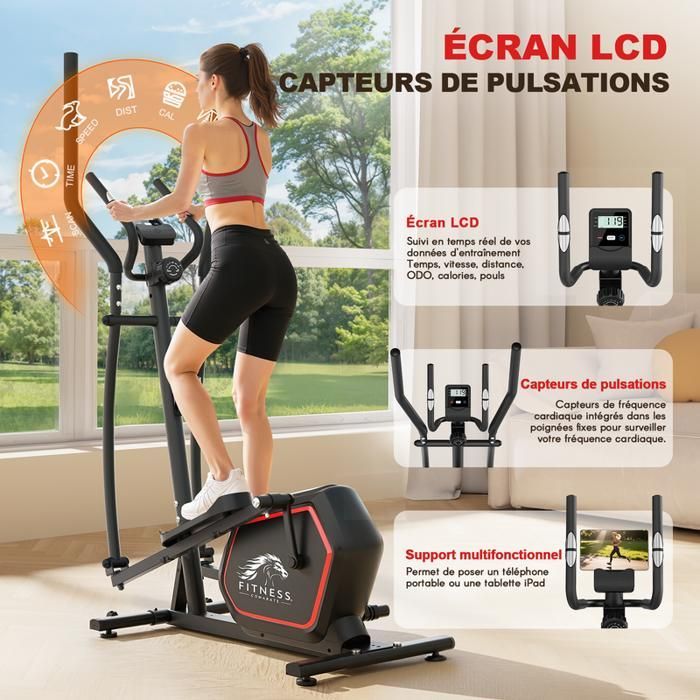 Vélo Elliptique - DSKEUZEEW - 10 kg - Résistance Magnétique 16 Niveaux - Écran LCD - Noir/Rouge