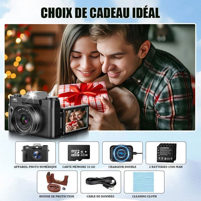 4K Appareil Photo Numérique, 75MP Appareil Photo Compact Portable SD 32G, 3