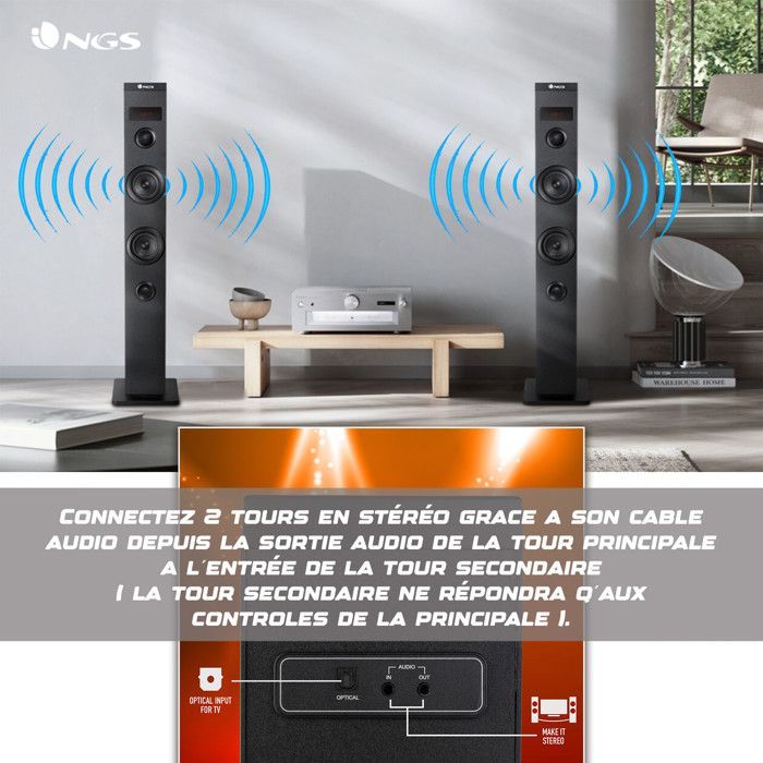 NGS SKYCHARM 50W Bluetooth-tornikaiutin kaukosäätimellä, optisella tulolla, USB:llä, FM-radiolla ja AUX-tulolla (musta)