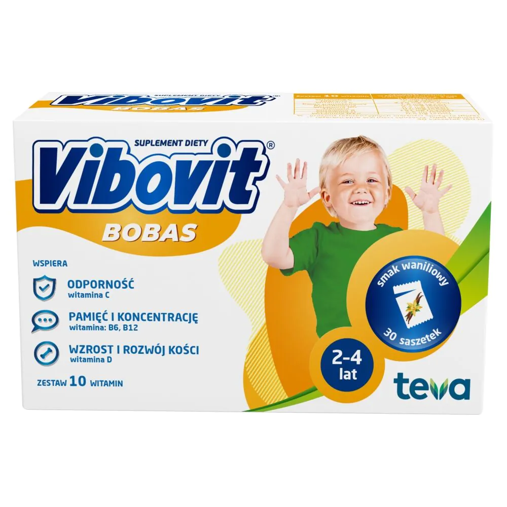 Vibovit Bobas, Zestaw witamin dla dzieci w wieku od 2 do 4 lat, Smak waniliowy, Saszetki