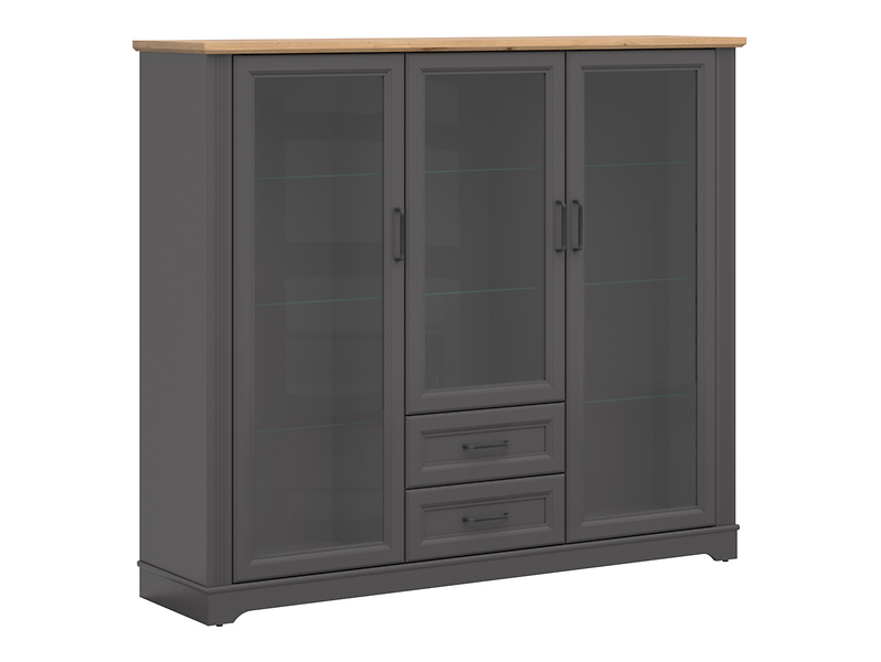 Witryna Tolmin 168 cm z 3 drzwiami i 2 szufladami grafit/dąb artisan