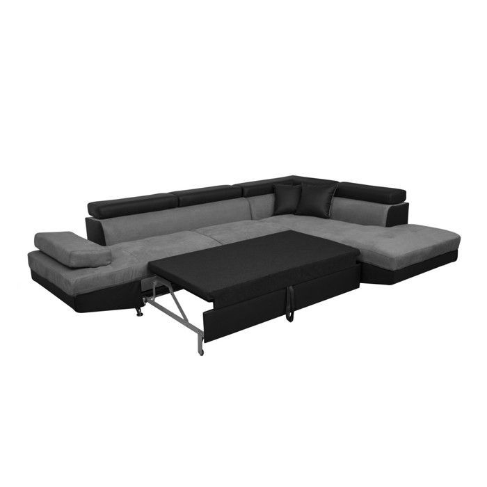 Sofá cama esquinero derecho RIO de 5 plazas con almacenamiento, en microfibra y piel sintética - Gris/Negro - 271 x 192 x 70 cm - LOUNGITUDE