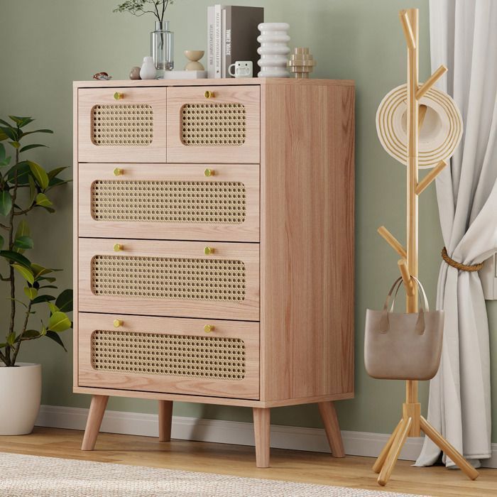 Cómoda de 5 cajones - LUMINARIX - Madera natural - Ratán - 60 x 34 x 91 cm - Elegancia chic - MDF