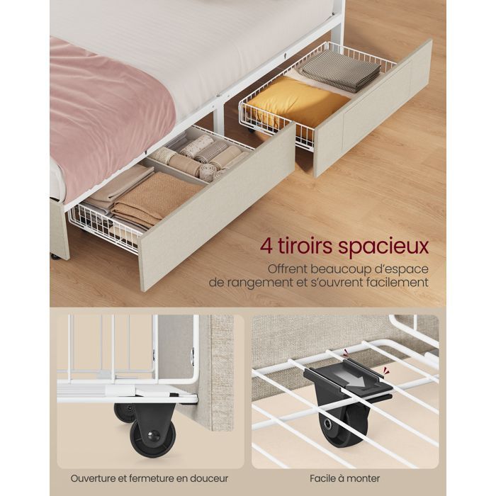 Letto matrimoniale - VASAGLE - Illuminazione LED integrata - 4 cassetti - Beige cappuccino