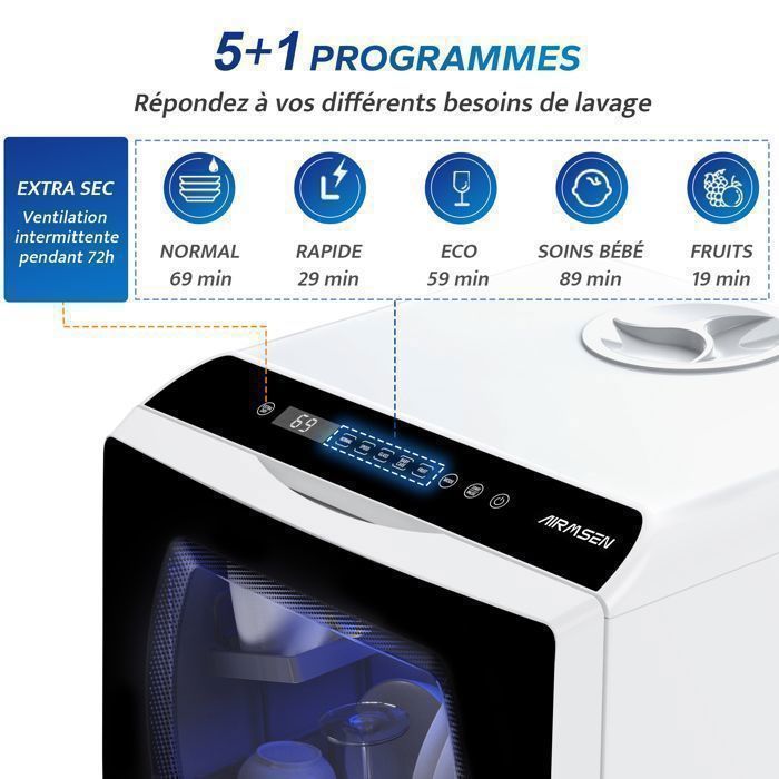 AIRMSEN Mini tafelmodel vaatwasser voor 4 couverts, geen aansluiting nodig, 7 programma's, 5 liter tank, LED-display voor studio