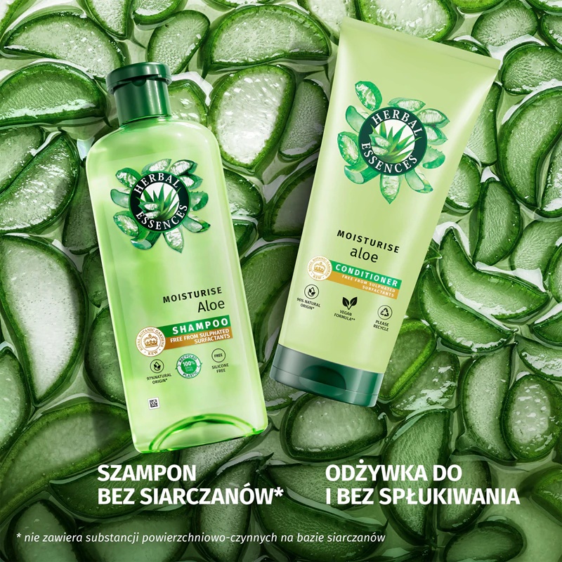 Herbal Essences Aloe Moisturise šampūns ar barojošu un mitrinošu iedarbību.