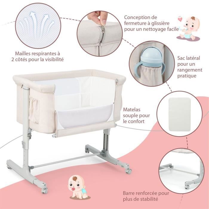 Cuna colecho COSTWAY con 5 alturas ajustables, capacidad de carga de 9 kg, malla transpirable y bolsa de viaje para bebés de 0 a 6 meses, color beige.
