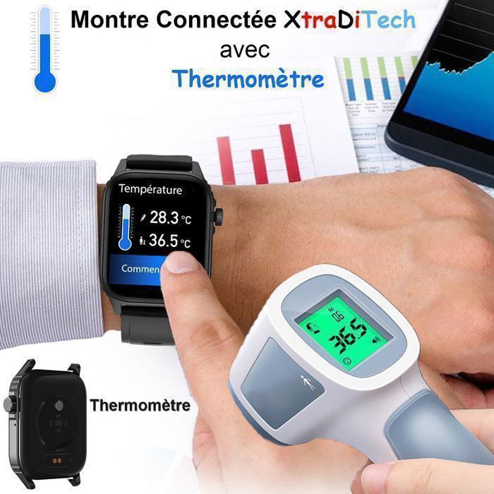XtraDiTech Smartwatch for Women and Men, Thermometer, Sports Monitor, Heart Rate Monitor, Lightweight, Slim, IPS 1.83, Brown Faux Leather and Black Silicone Straps