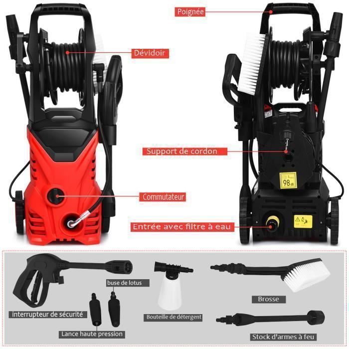 Hidrolimpiadora de alta presión COSTWAY de 1500 W y 140 bares con manguera flexible de 5 m, 300 l/h, boquilla Lotus, boquilla de alta presión y depósito de jabón rojo.