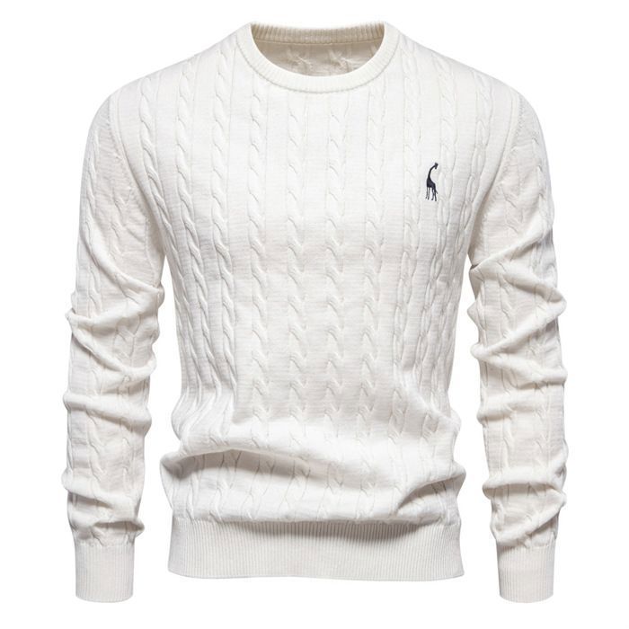 Jersey de hombre - LEOCLOTHO - Punto trenzado de algodón - Cálido y cómodo - Cuello redondo - Otoño/Invierno - Blanco