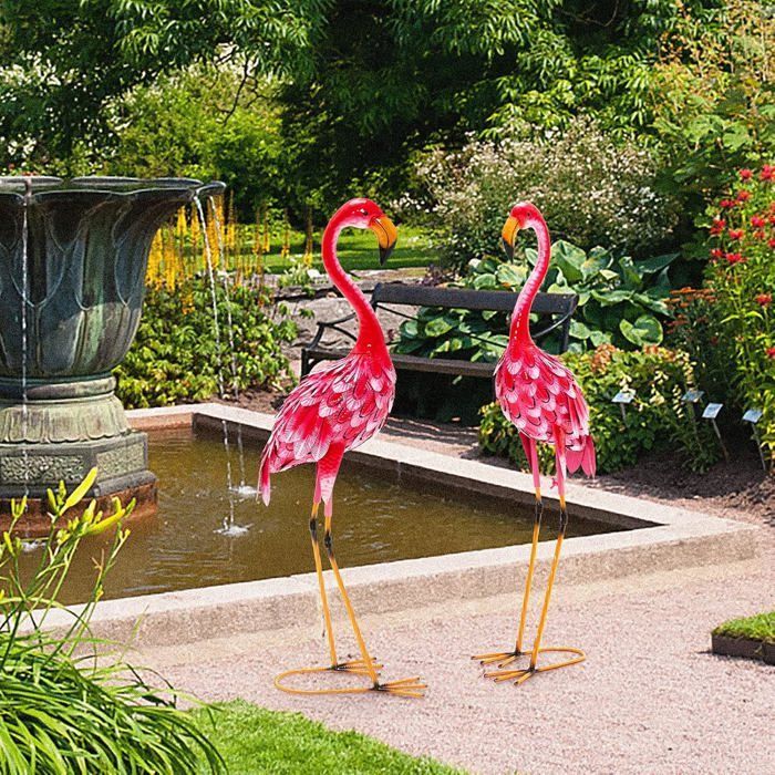 GIANTEX Lot de 2 Statues 89 CM de Flamant Rose de Jardin en Métal, Décoration Extérieure Sculpture d’Oiseau Rose de Jardin