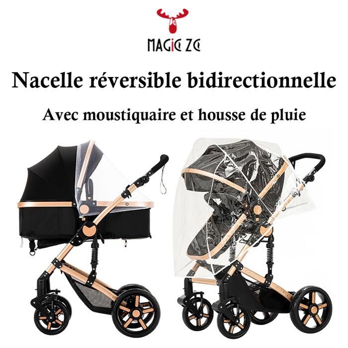 Magic ZC Stroller 3-in-1 Stroller 3-in-1 Travel System One-Click Fold Reversible Seat High Landscape Max 15kg Black Gold