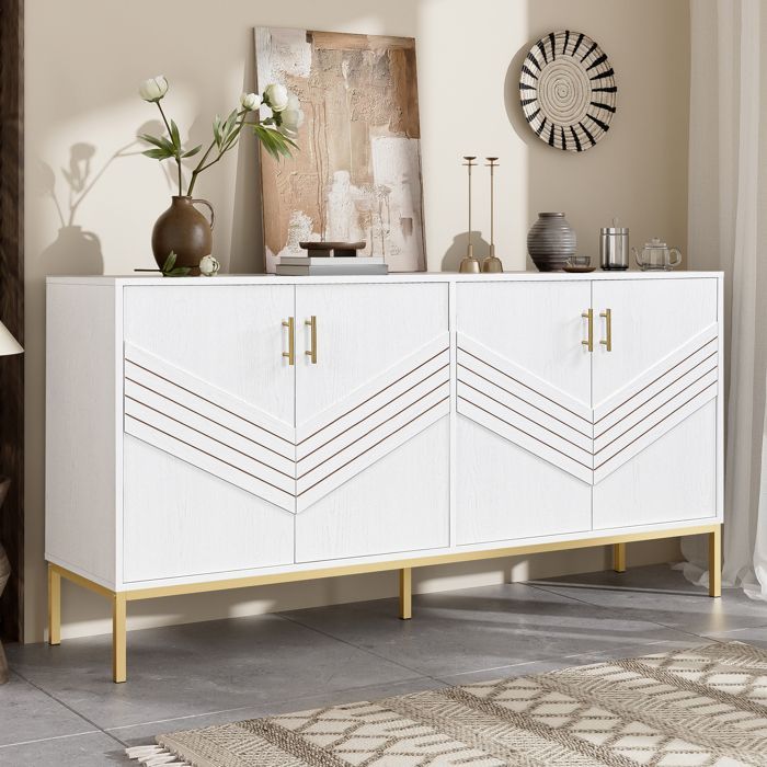 Modern 4-Door Sideboard - 160x40x80.5 cm - White MDF - Geometric Design - Flexible Storage