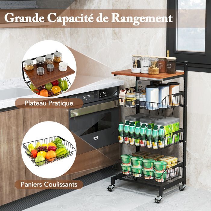 COSTWAY Chariot de Service à 4 Étagères, 3 Paniers Amovibles, Hauteur Réglable, Desserte de Cuisine à Roulettes pour Fruits Légumes