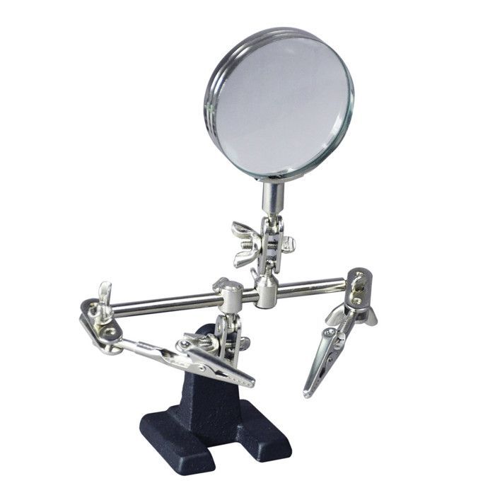 Soporte para tercera mano con lente de aumento de 2,5x (60 mm) - 2 brazos articulados con pinzas de cocodrilo - Dimensiones: 67x125x79