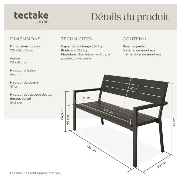 Banco de exterior - TECTAKE - LINE Banco de jardín de 2 plazas en aluminio con aspecto de madera, 128 x 59 x 88 cm - Gris oscuro