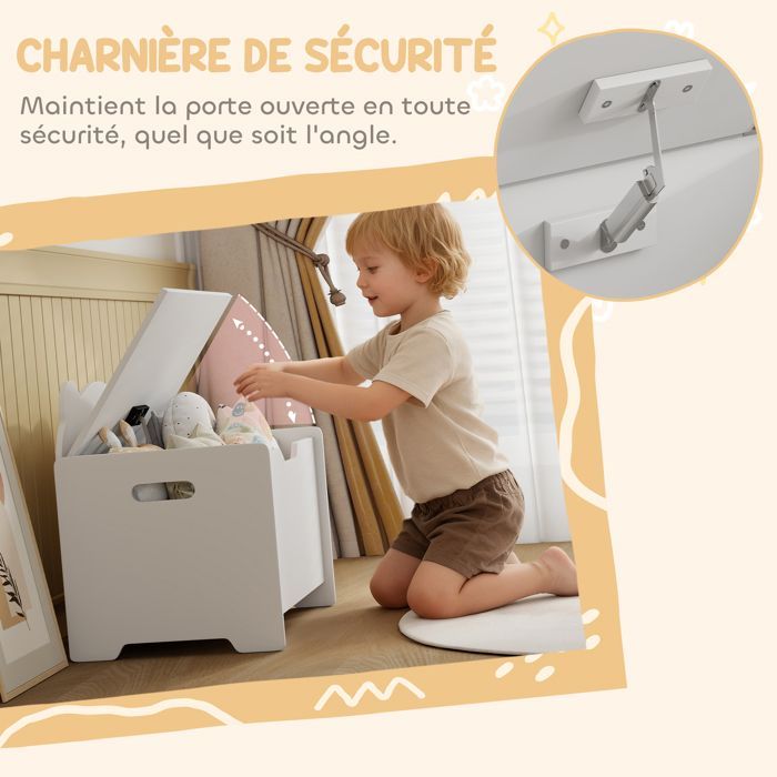 Baúl de juguetes - AIYAPLAY - tapa con bisagras - forma de oso - para niñas y niños de 3 a 8 años - MDF - 60 x 38 x 48 cm - blanco