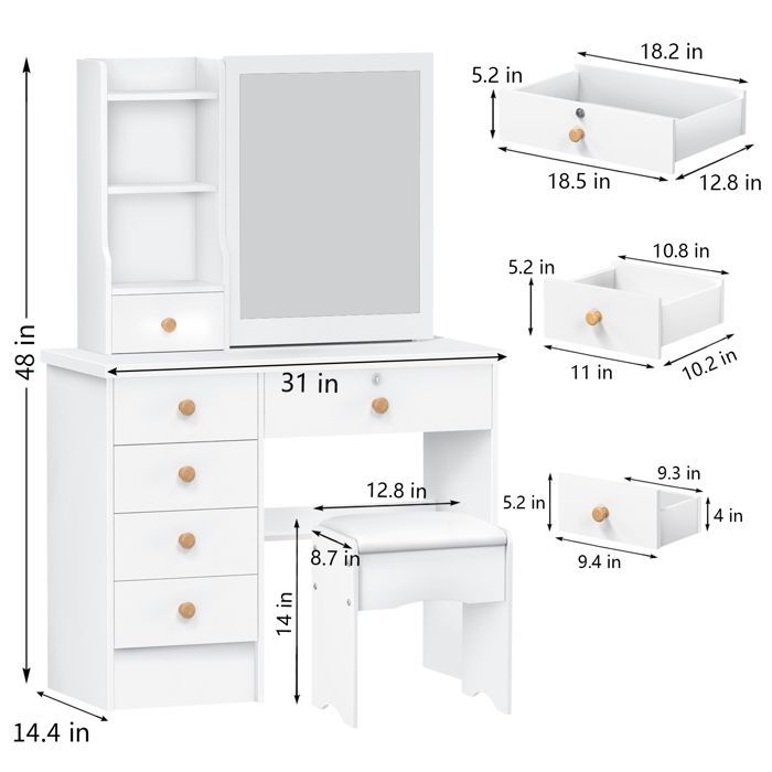 Dressing Table with Sliding Mirror - Modern Makeup Table - 6 Drawers - 3 Shelves - 80x37x122cm