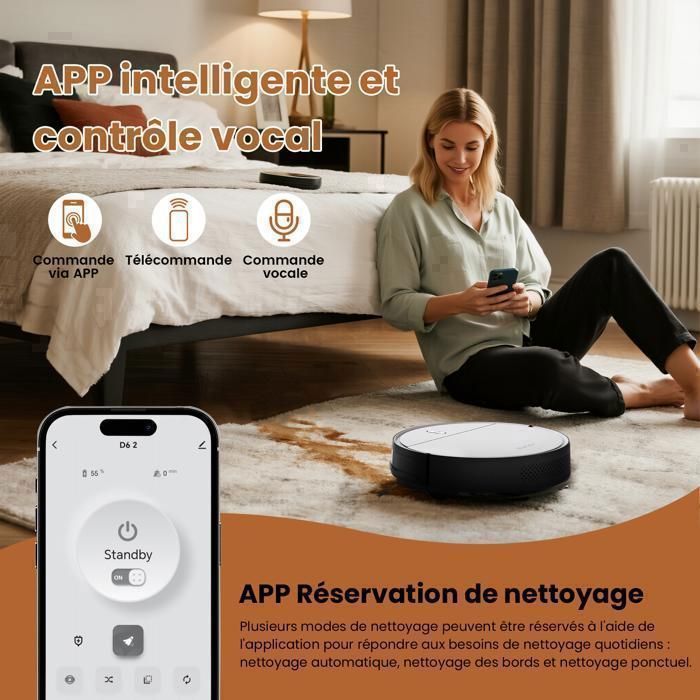 Zynet D6 Aspirateur Robot 3000Pa/150+Min, 5 Modes, recharge automatique, APP/WiFi/Alexa/Siri Control, Poils d’Animaux et Tapis