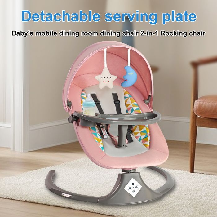 Elektrische babyschommel met eetblad - Vijf instelbare snelheden - 3 timerinstellingen - Bluetooth/muziek - Veiligheidsgordel - Roze