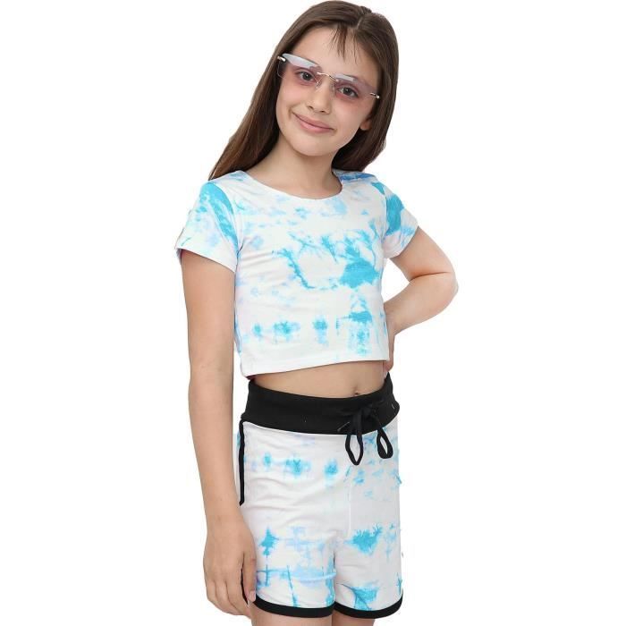 Children's Tie-Dye Crop Top and Shorts Set, Blue Summer Sportswear for Girls and Boys, Ages 5-13 Years