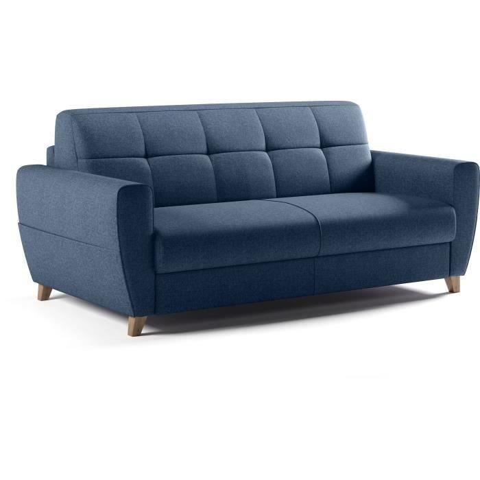 Sofá-cama conversível SKY de 3 lugares - Tecido azul - Colchão de 14 cm - 192 x 100 x 88 cm