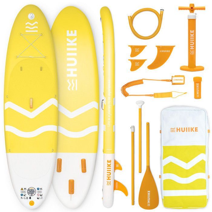 Paddle Gonflable Adulte Jaune avec des Accessoires de Qualité - HUIIKE | Stand Up Paddle avec Pagaie en Aluminium, Pompe, Leash