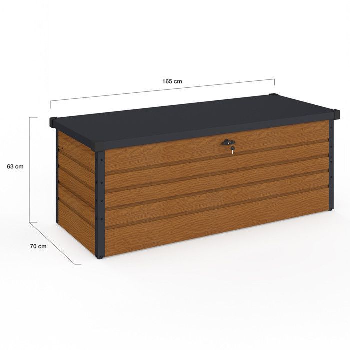 IDMARKET Caja de almacenamiento metálica con cerradura, efecto madera y gris, para jardín, 600 L, 165 x 70 x 63 cm