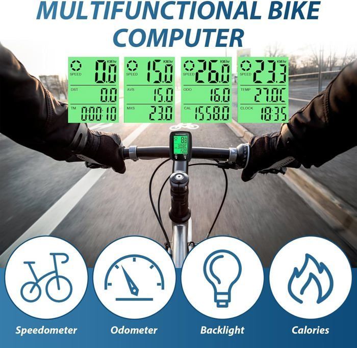 Compteur Velo sans Fil avec 20 Fonctions Étanche, IPX6 Étanche Compteur Kilométrique Vélo avec Écran LCD Rétroéclairé, Facile à