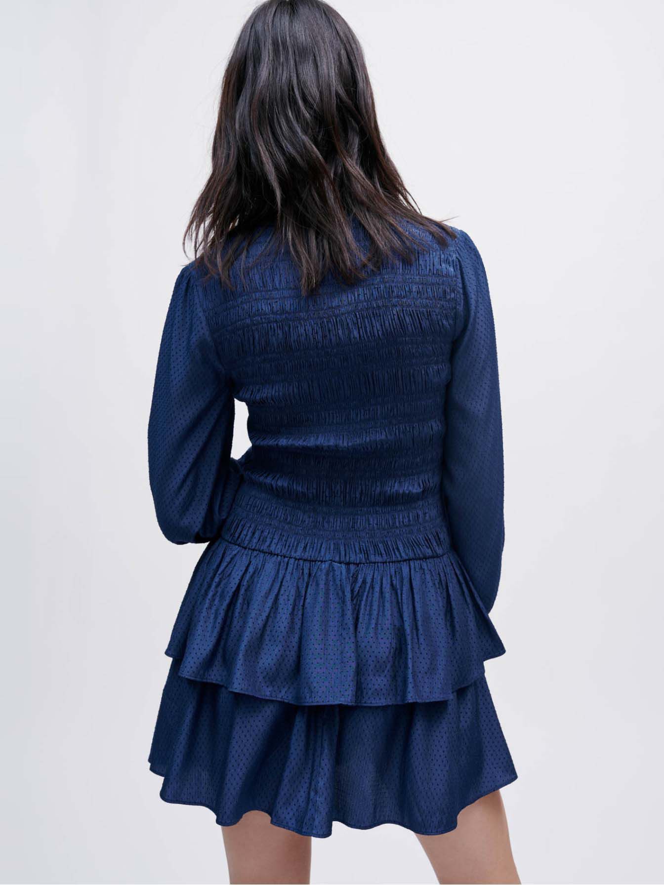 Jurk met plooien, soepelvallend satijn en ruches - Marineblauw