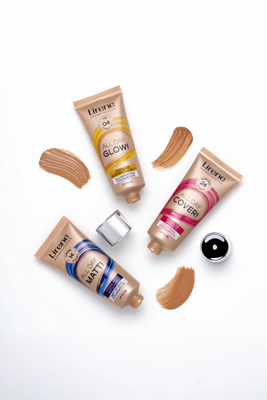 Lirene ALL DAY GLOW! Base líquida iluminadora para resultados de longa duração.