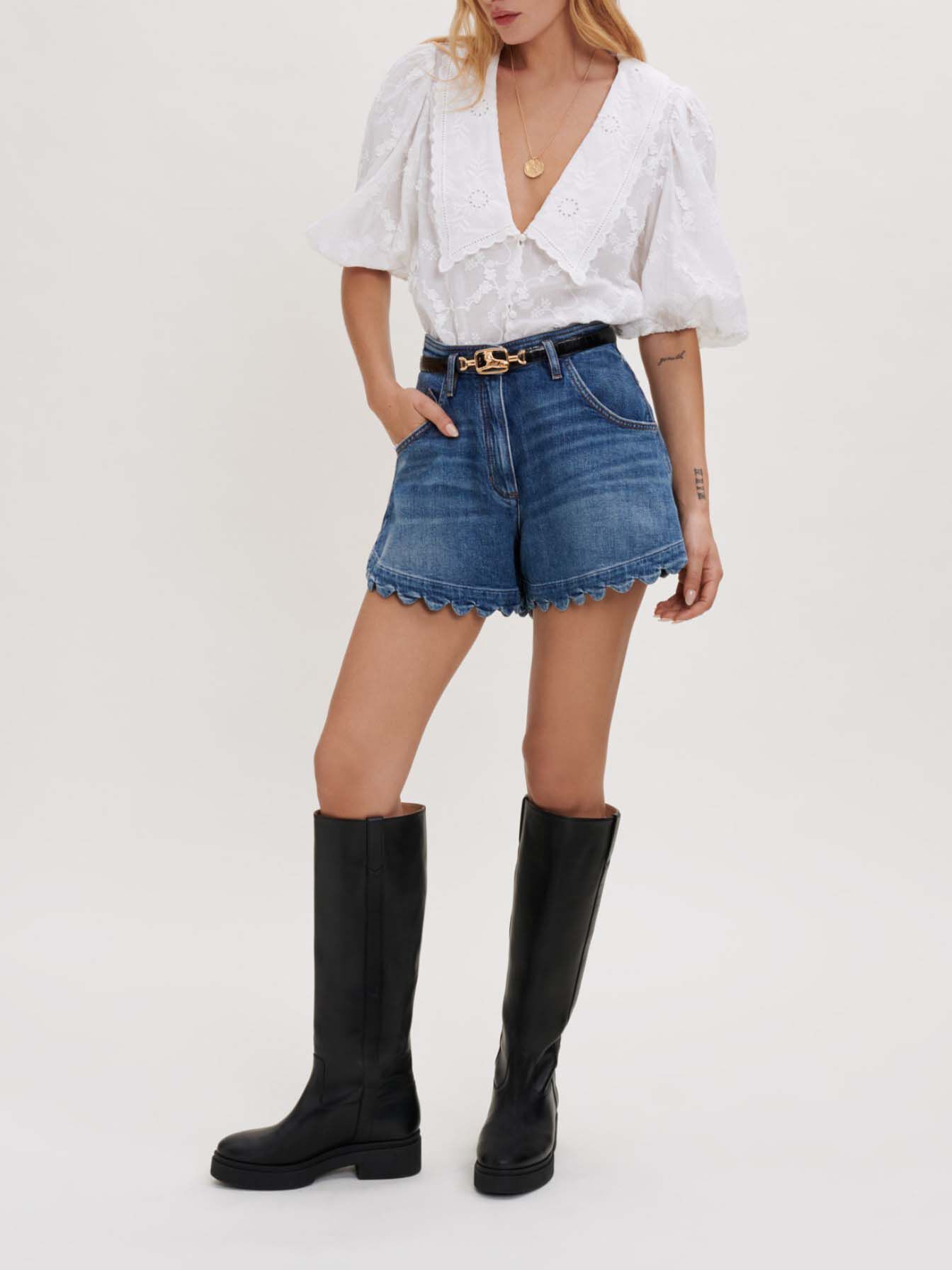 Witte blouse met geborduurde kraag - Wit
