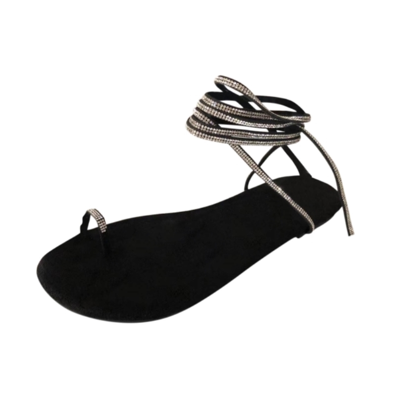 Sandales grandes tailles pour femmes, pantoufles plates brillantes à diamants, chaussures décontractées d'extérieur à brides et bout ouvert