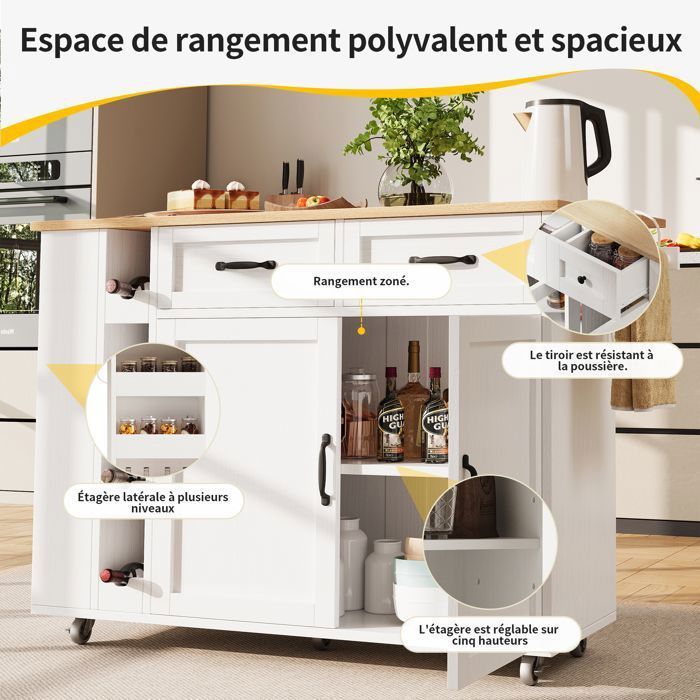Küchenwagen – TKOPY – Ausziehbare Kücheninsel auf Rollen mit Flaschenablage – 131,5 x 43–73 x 90,7 cm – Weiß