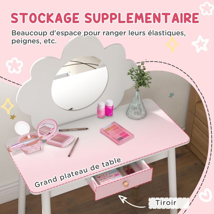 Set da trucco per bambini - AIYAPLAY - 1 sgabello, set da trucco in 2 pezzi per bambini dai 3 ai 6 anni, specchio a forma di nuvola - bianco