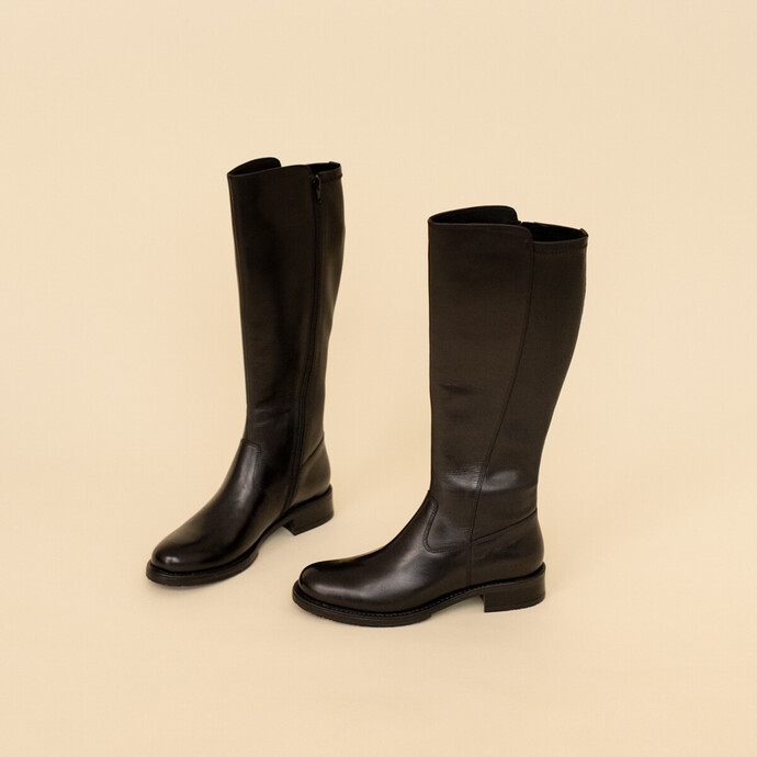 Bottes hautes  en cuir noir et stretch