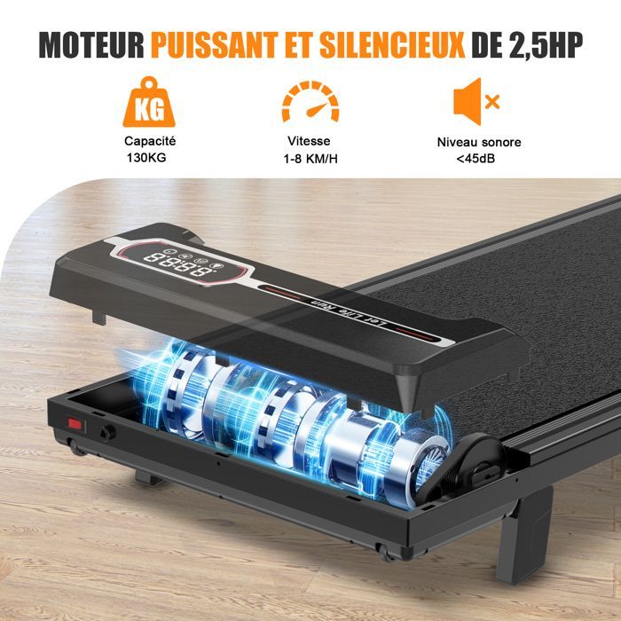 Tapis de course 1-8 km/h avec télécommande et écran LCD - Surface de course 92 x 38,5 cm Noir pour débutants