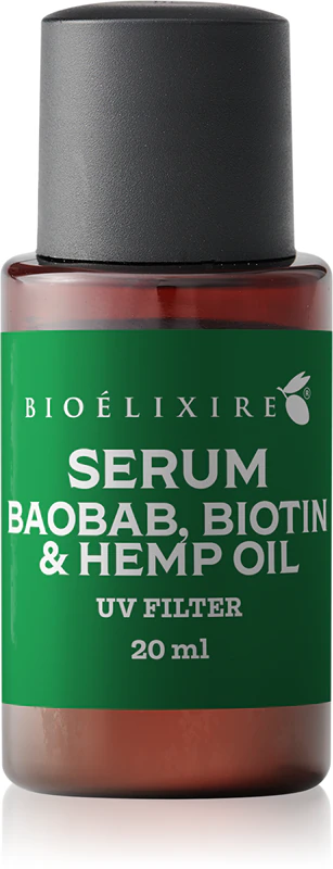 Sérum Bioélixire com Baobá, Biotina e Óleo de Cânhamo para cabelos fracos e danificados.