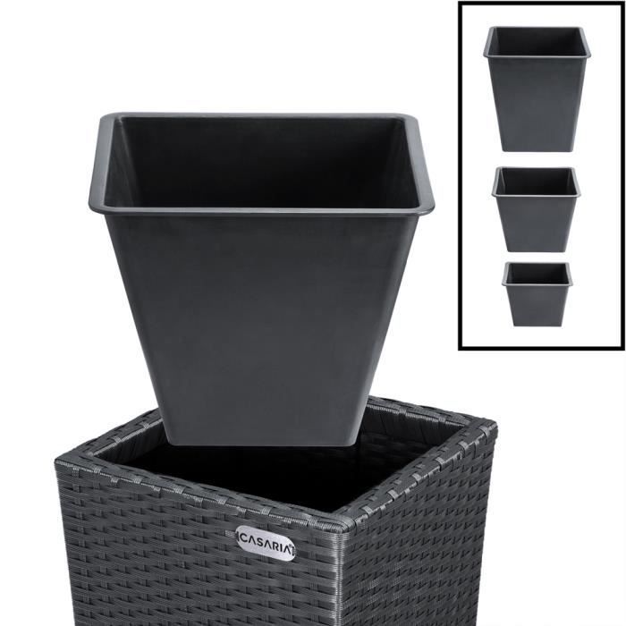 Conjunto de 3 vasos de flores em polirratã preto, para uso interno e externo, com furos de drenagem.