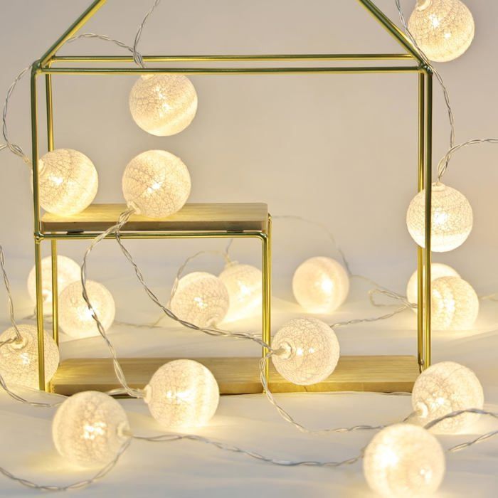 Guirlande Lumineuse Boule Coton, Interieur Decoration Noël Deco, 3M 20er LED Globe Light, Fille, Princesse, Enfant, Bebe, Chambre